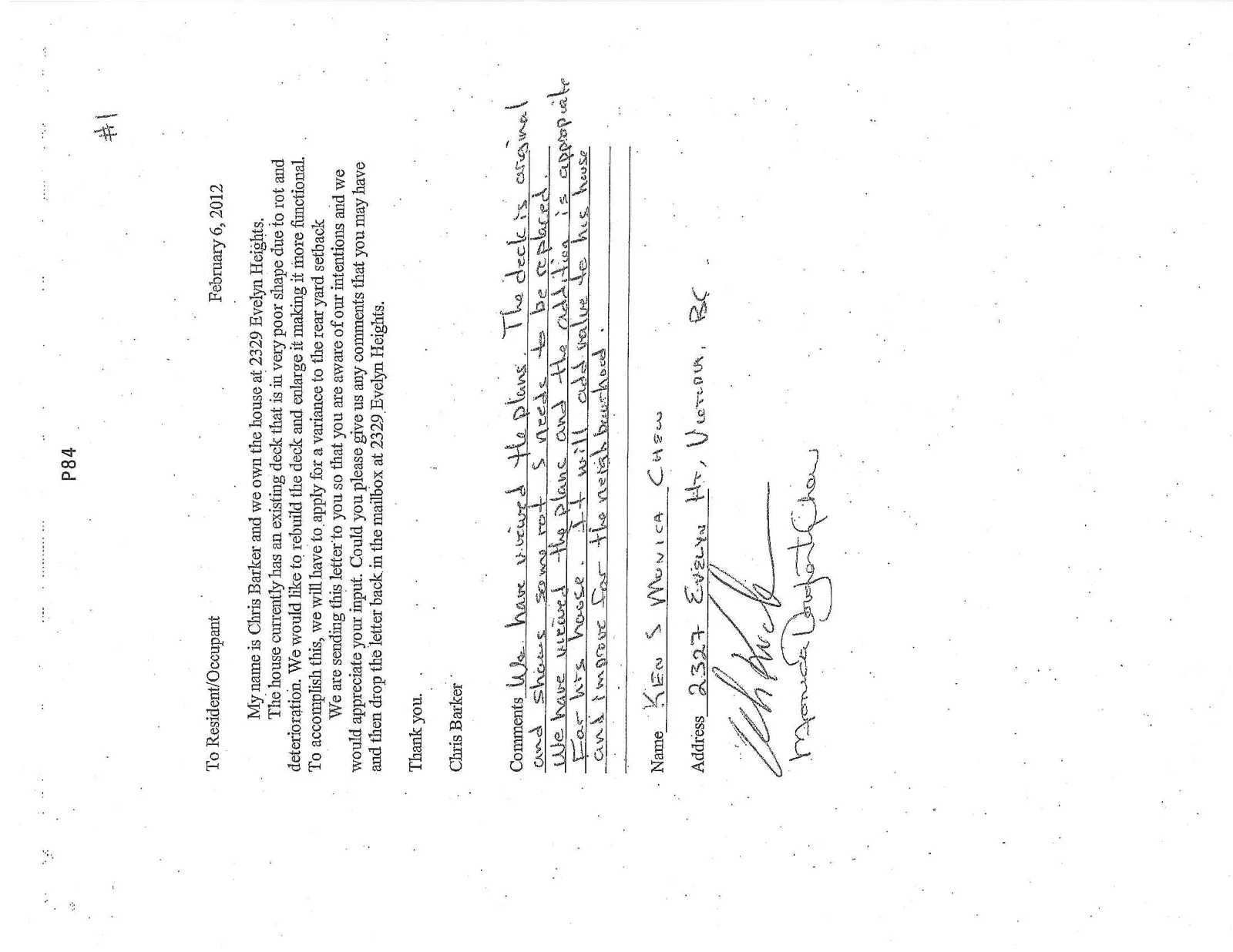 Neighborhood consultation letter with respondent name Josh Peterson