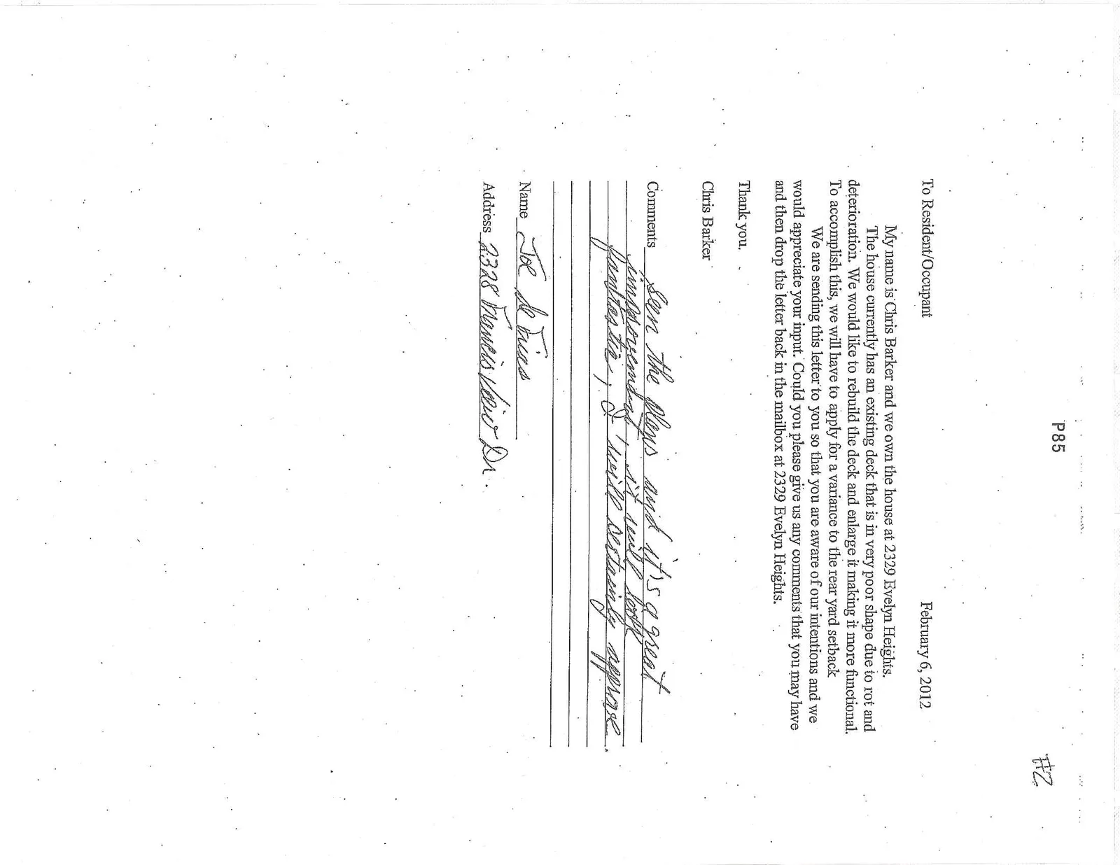 Neighborhood consultation letter with respondent name Sonya Saujani