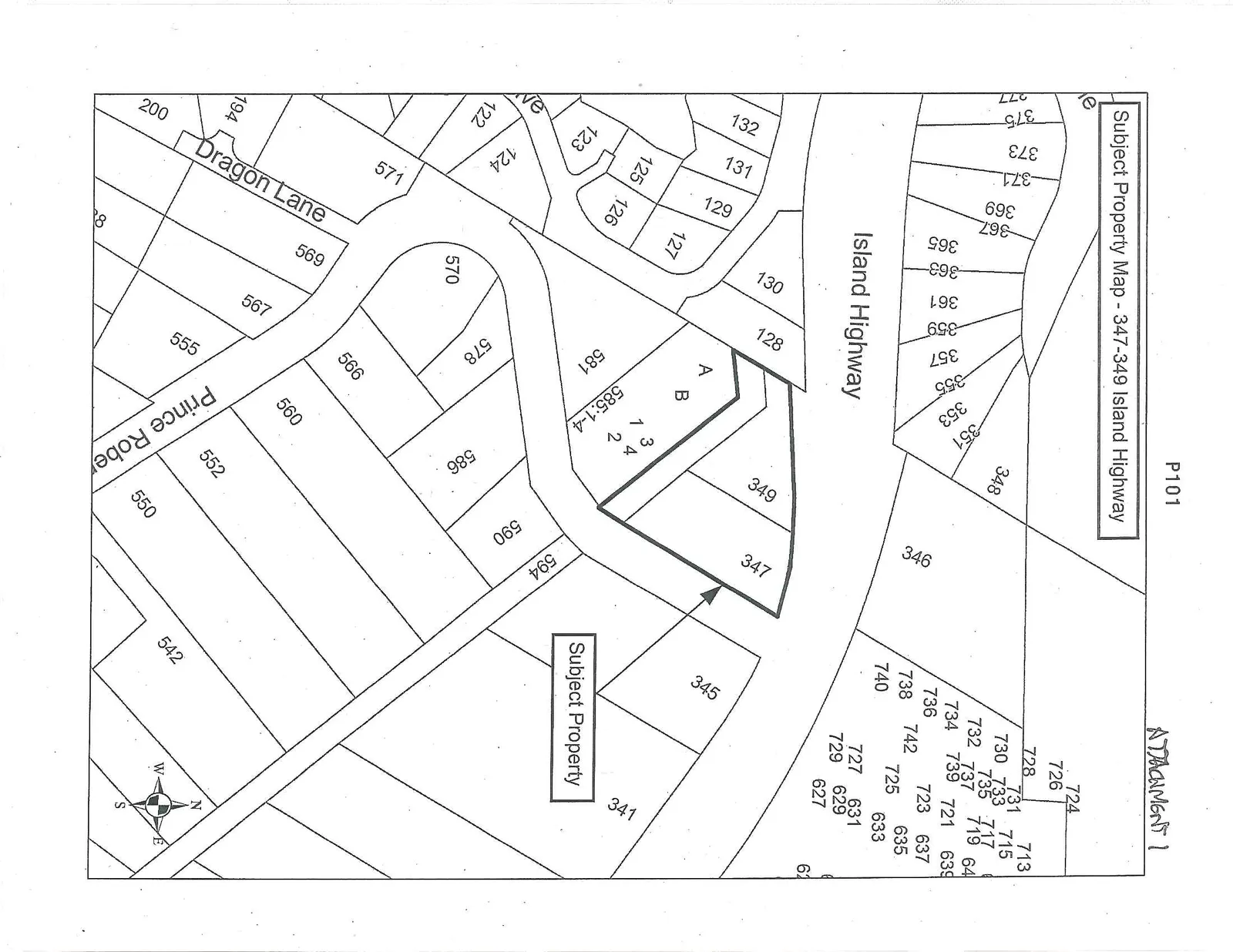 Map showing the subject property at 347-349 Island Highway and surrounding lot parcels including addresses on Island Highway, Dragon Lane, and Prince Robert Drive.