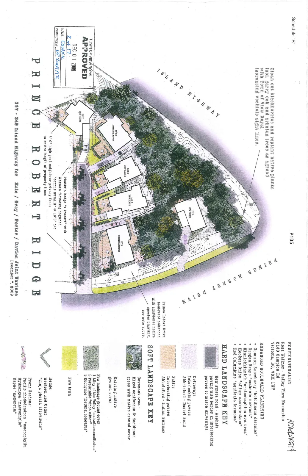 Landscape plan for the Prince Robert Ridge residential development project, detailing the site layout for six lots (Lot 1 through Lot 6), building footprints, driveways, and comprehensive soft and hard landscaping details located between Island Highway and Prince Robert Drive.