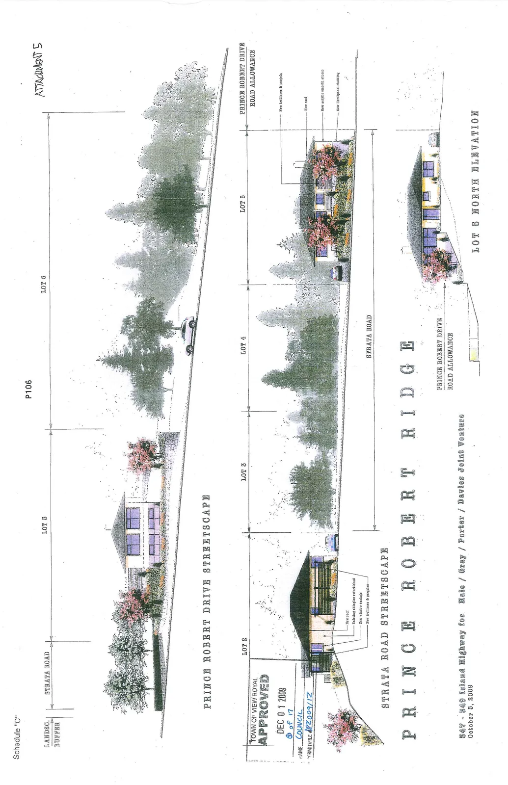Architectural rendering of the Prince Robert Drive Streetscape showing the landscape buffer, Strata Road connection, Lot 5, and Lot 6 on a sloping grade.
