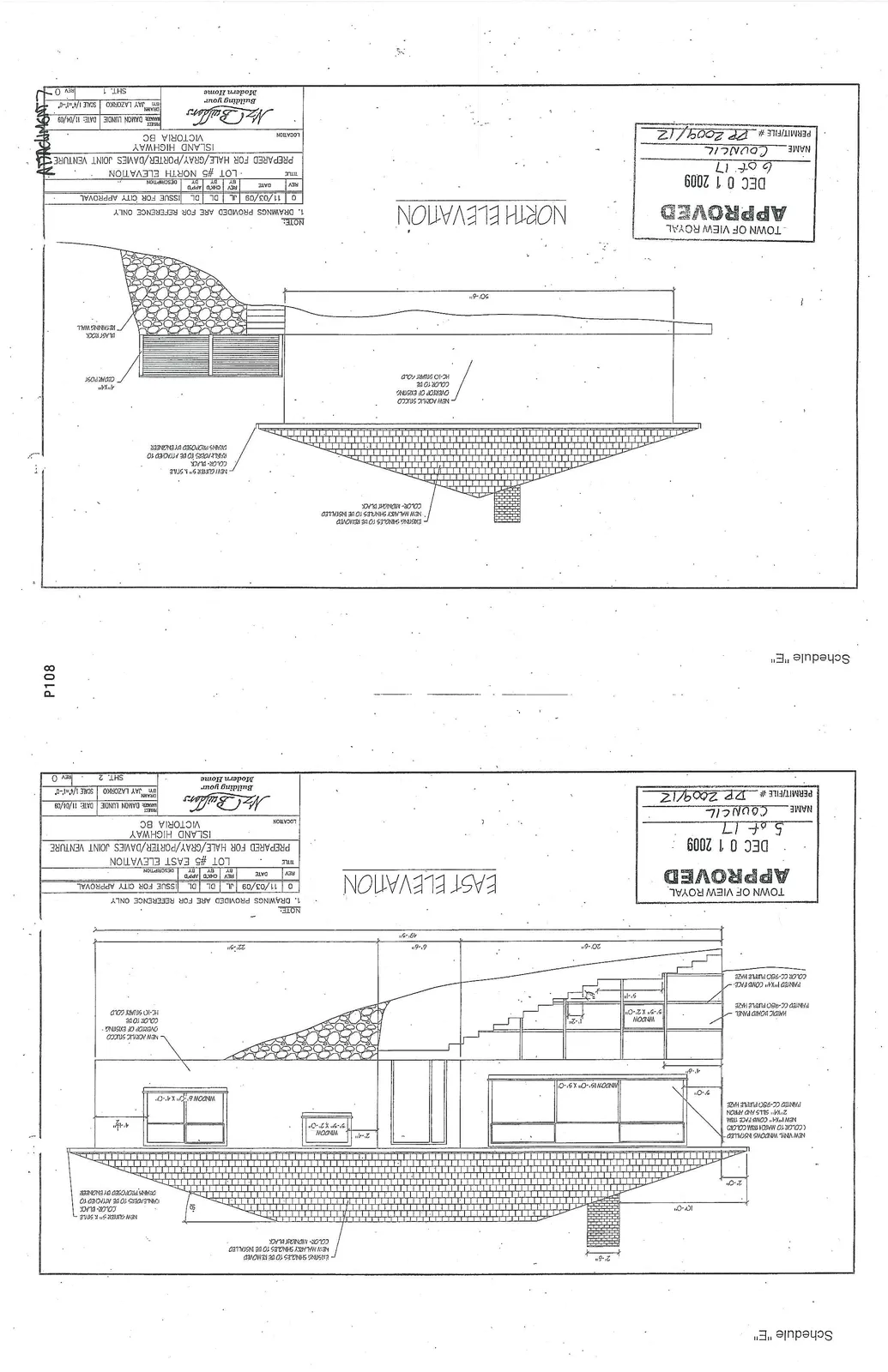 East elevation drawing for Lot #5 showing architectural details, dimensions, and material specifications.