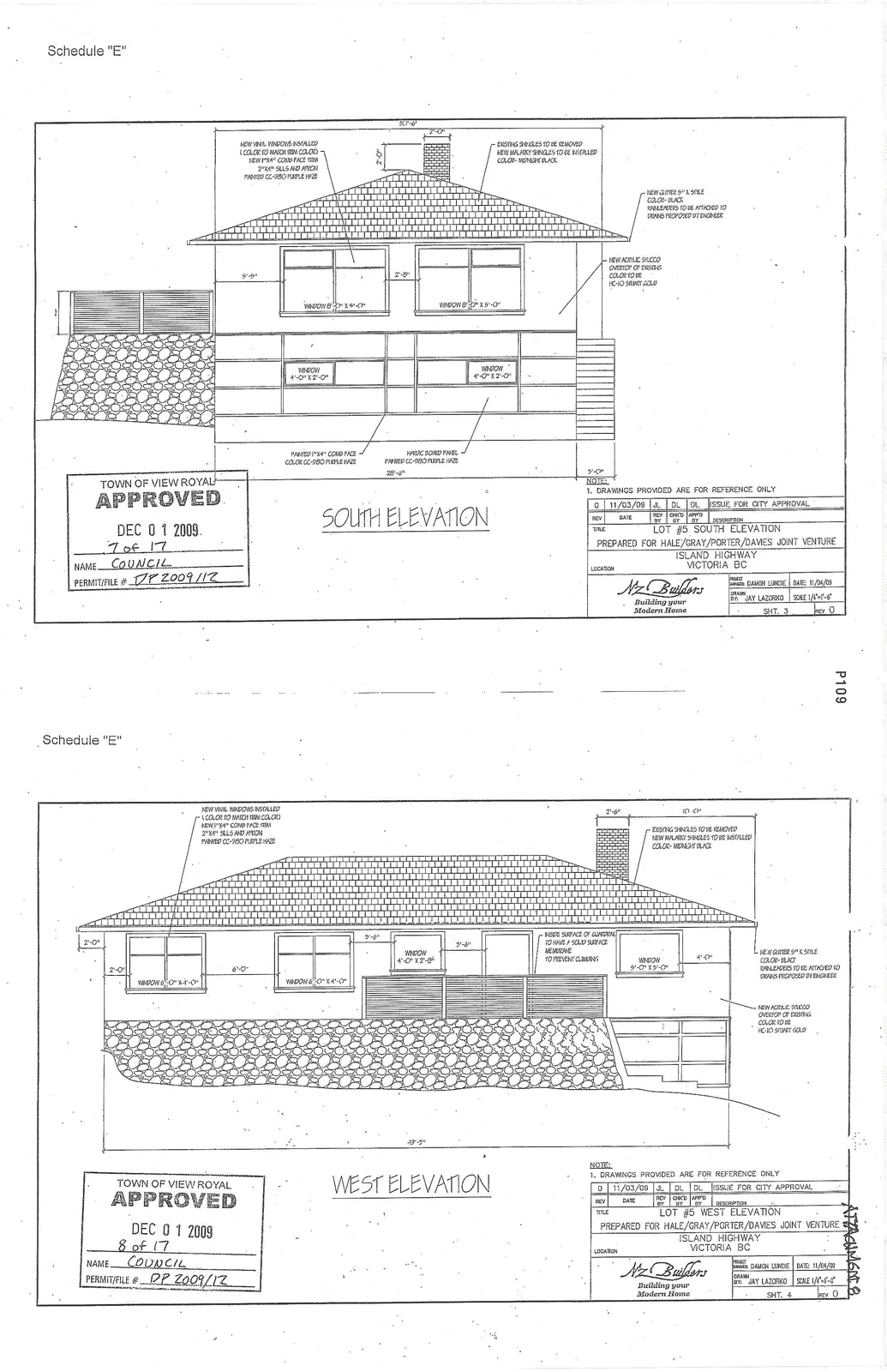 South elevation drawing for Lot #5 showing architectural details and material specifications.