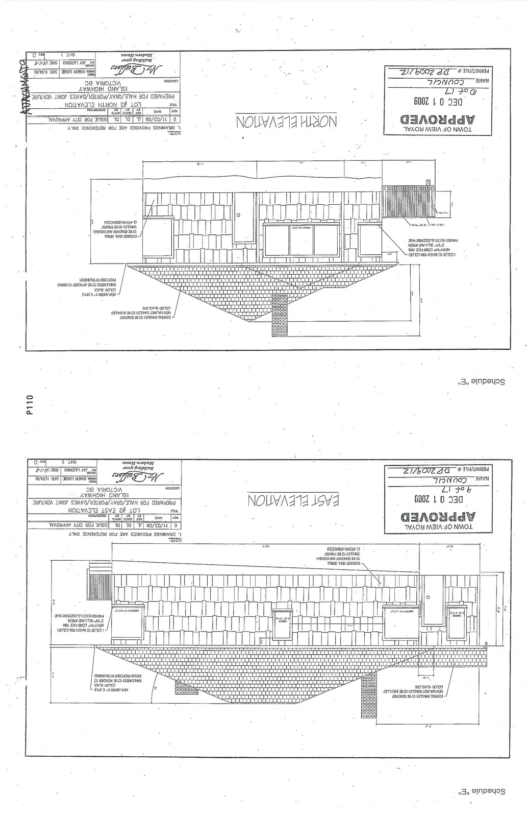 East elevation drawing for Lot #2 showing architectural details and material specifications.