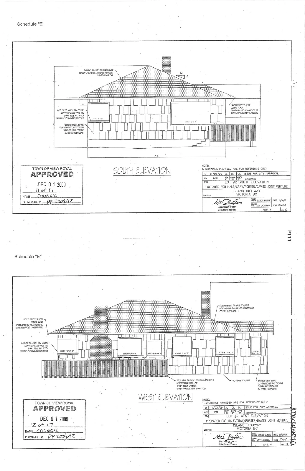 South elevation drawing for Lot #2 showing architectural details and material specifications.