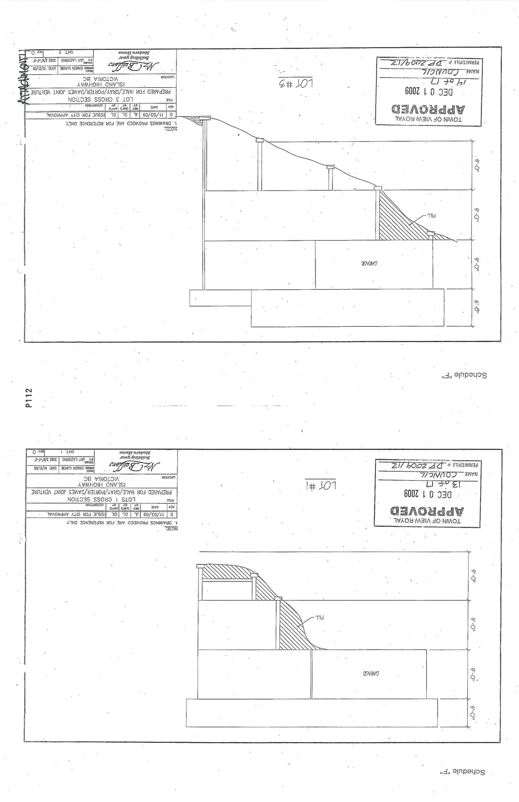 Architectural cross section for Lot #1 showing garage and fill areas