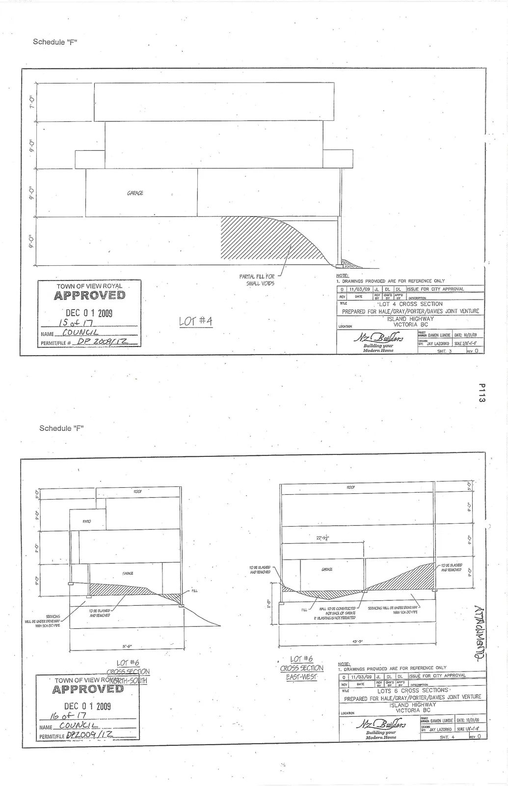 Architectural cross section for Lot #3 showing garage, fill areas, and site topography