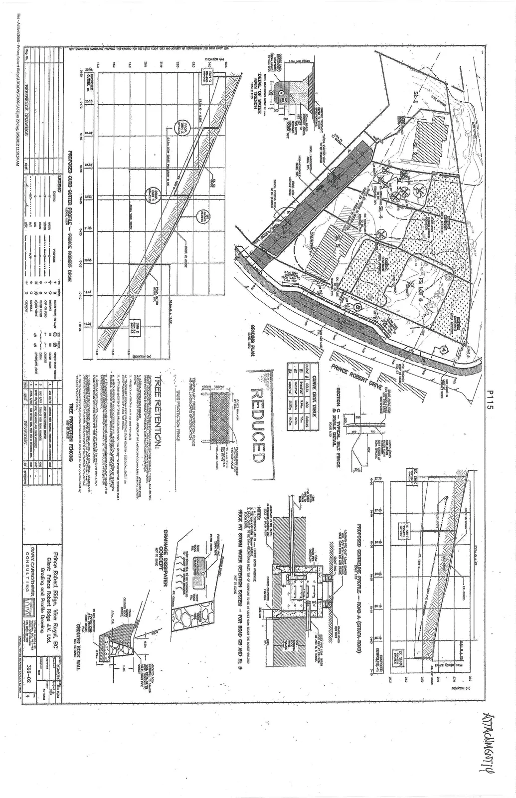 Engineering drawing containing the grading plan, road profiles, construction details, and legend for the Prince Robert Ridge development.