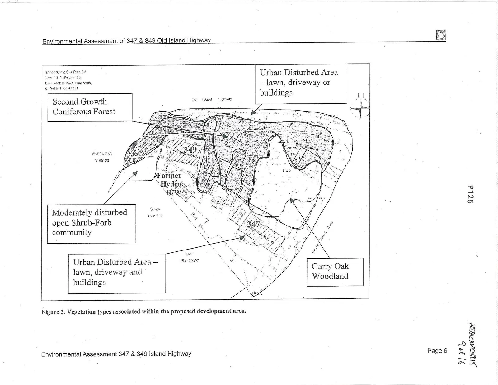 Figure 2. Vegetation types associated within the proposed development area, depicting Urban Disturbed Area, Second Growth Coniferous Forest, Moderately disturbed open Shrub-Forb community, and Garry Oak Woodland.