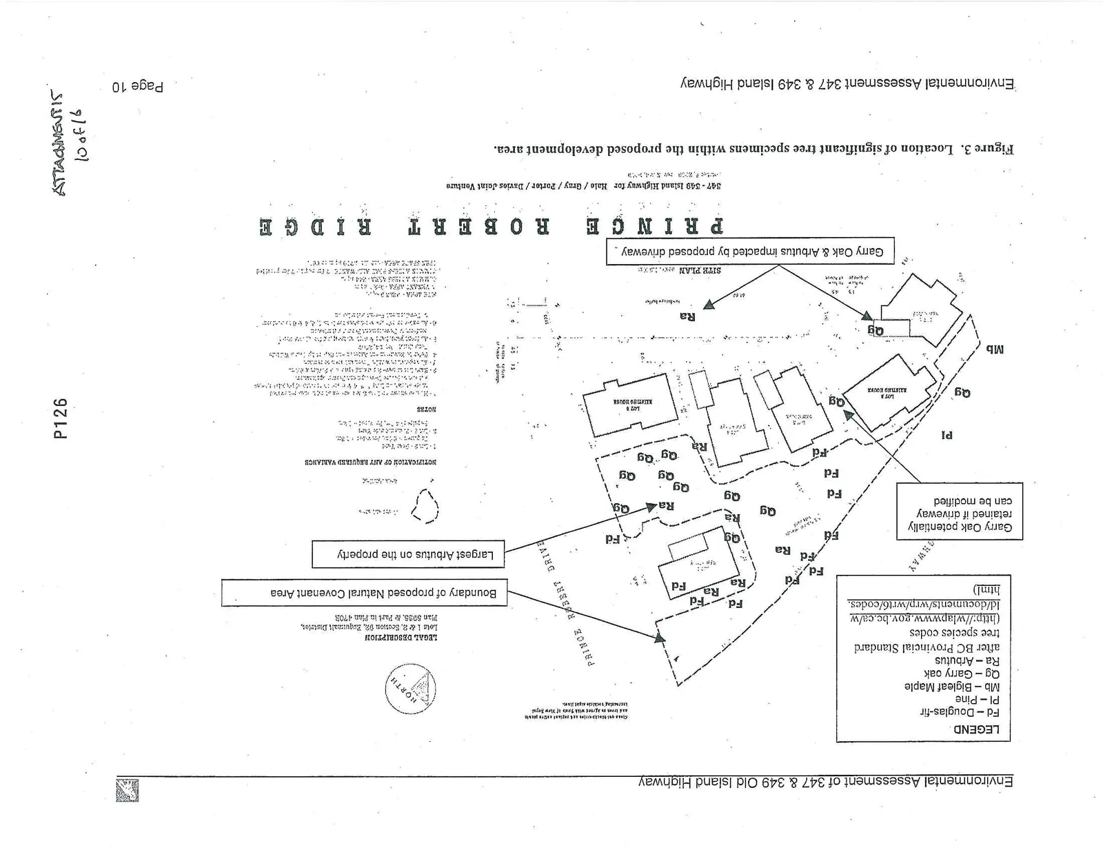 Figure 3. Location of significant tree specimens within the proposed development area, including labels for Douglas-fir (Fd), Pine (Pl), Bigleaf Maple (Mb), Garry oak (Qg), and Arbutus (Ra), and indicating the boundary of the proposed Natural Covenant Area.