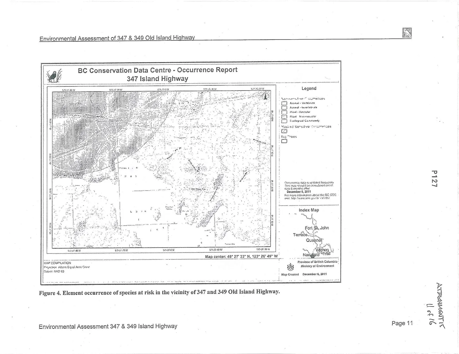 Figure 4. Element occurrence of species at risk in the vicinity of 347 and 349 Old Island Highway from the BC Conservation Data Centre Occurrence Report.
