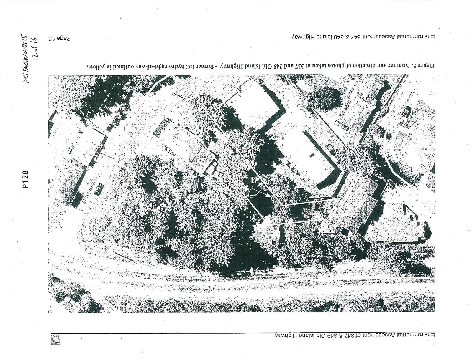 Figure 5. Number and direction of photos taken at 327 and 349 Old Island Highway - former BC hydro right-of-way outlined in yellow.