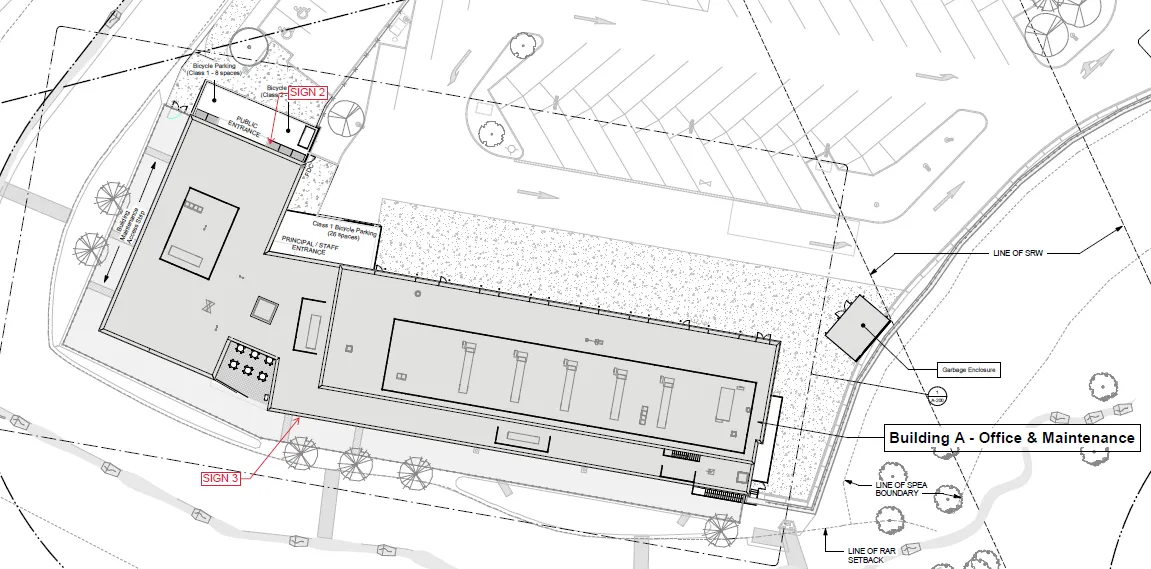 Site Plan showing Building A and the locations of Sign 2 and Sign 3