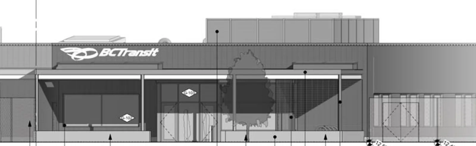 Rendering of the front elevation showing the placement of the BC Transit signage on the brick building facade