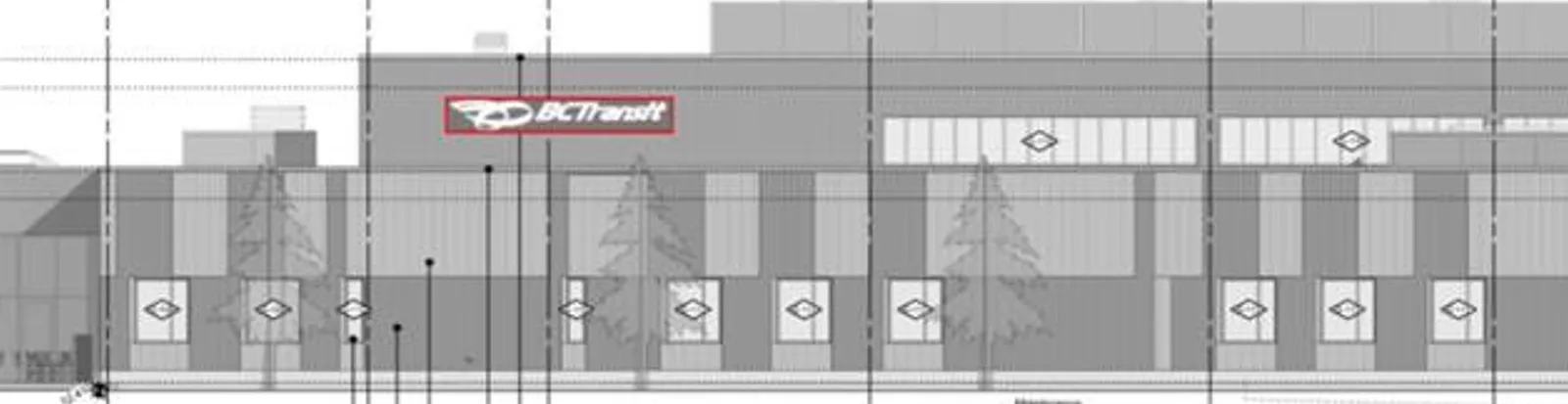 Rendering of the back elevation showing the signage centered equally on the wall area