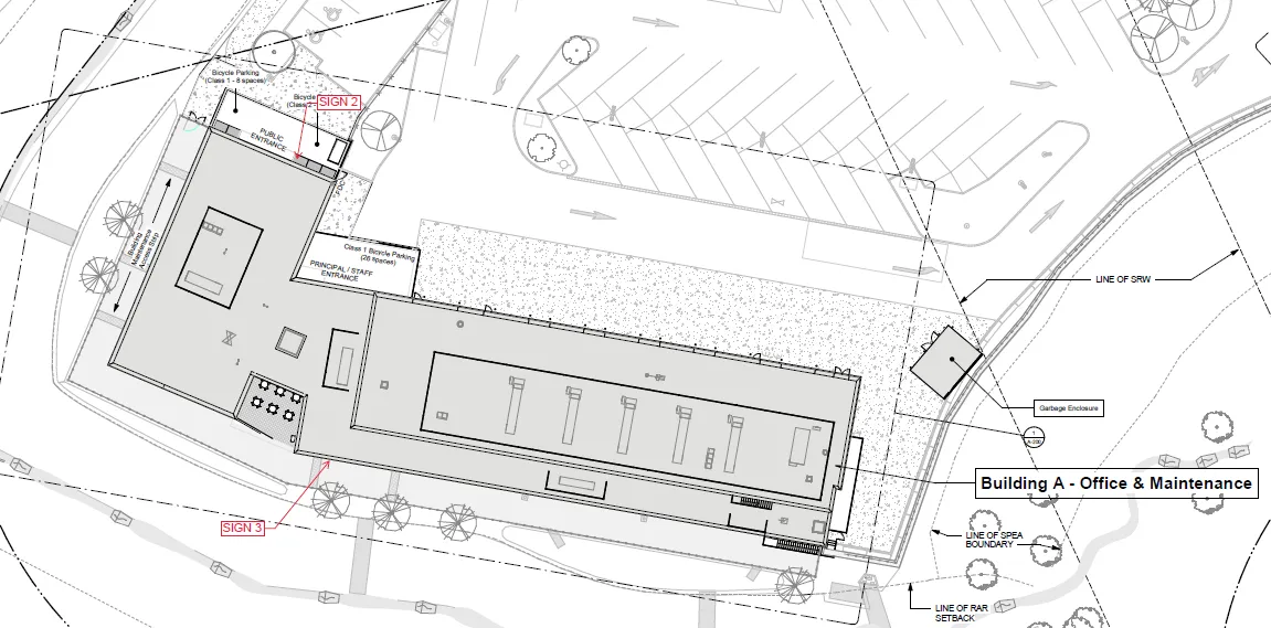 Site plan for Building A - Office & Maintenance showing the specific locations for Sign 2 and Sign 3