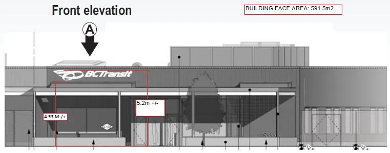 Front elevation rendering of the building showing Sign 2 and height measurements of 4.53 m and 5.2 m