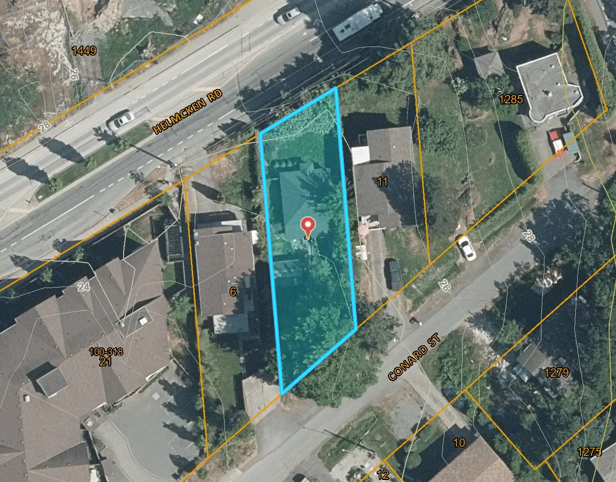 Aerial satellite map showing the development site at 4 Helmcken Road and surrounding neighborhood