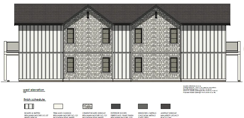 West elevation architectural drawing including finish schedule