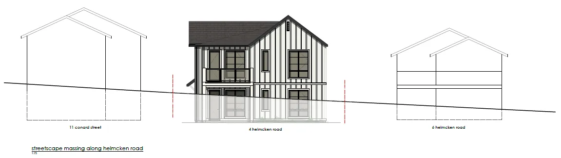 Streetscape massing diagram showing 11 Conard Street, 4 Helmcken Road, and 6 Helmcken Road