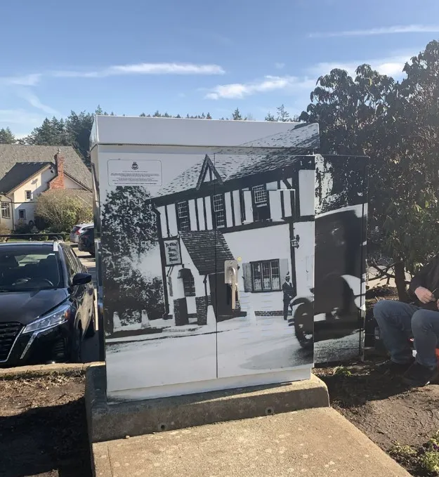 Replaced traffic signal cabinet at Island Highway and View Royal Avenue wrapped with a historic photo of the 4-mile Pub