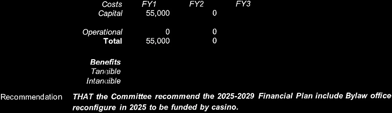 Detailed view of the financial costs table and formal recommendation