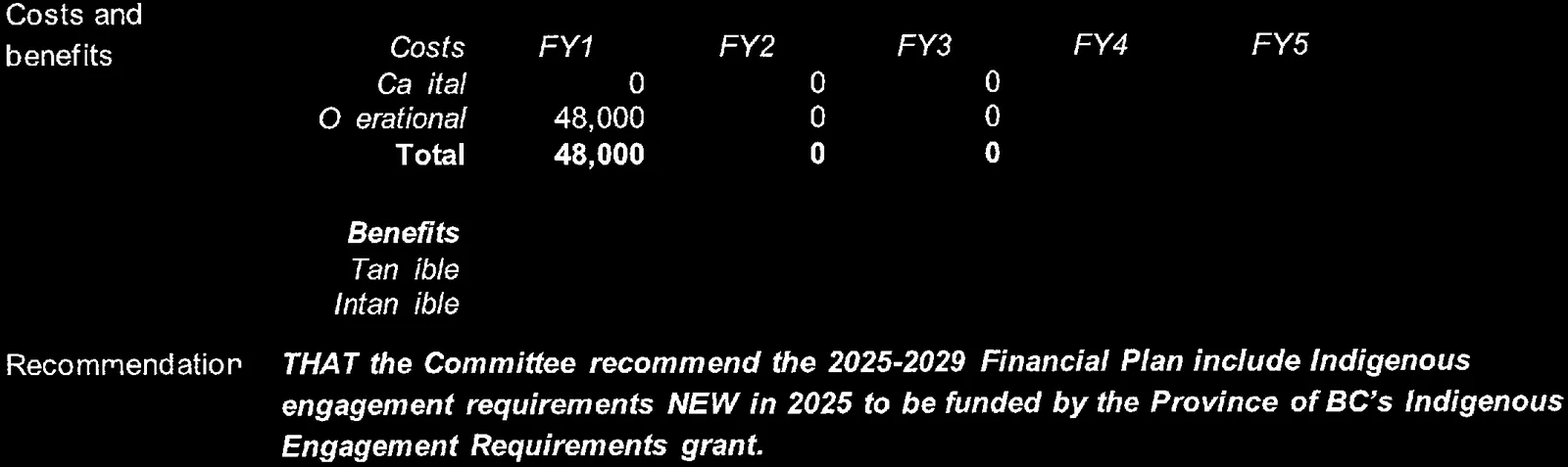 Detailed view of the costs table and staff recommendation