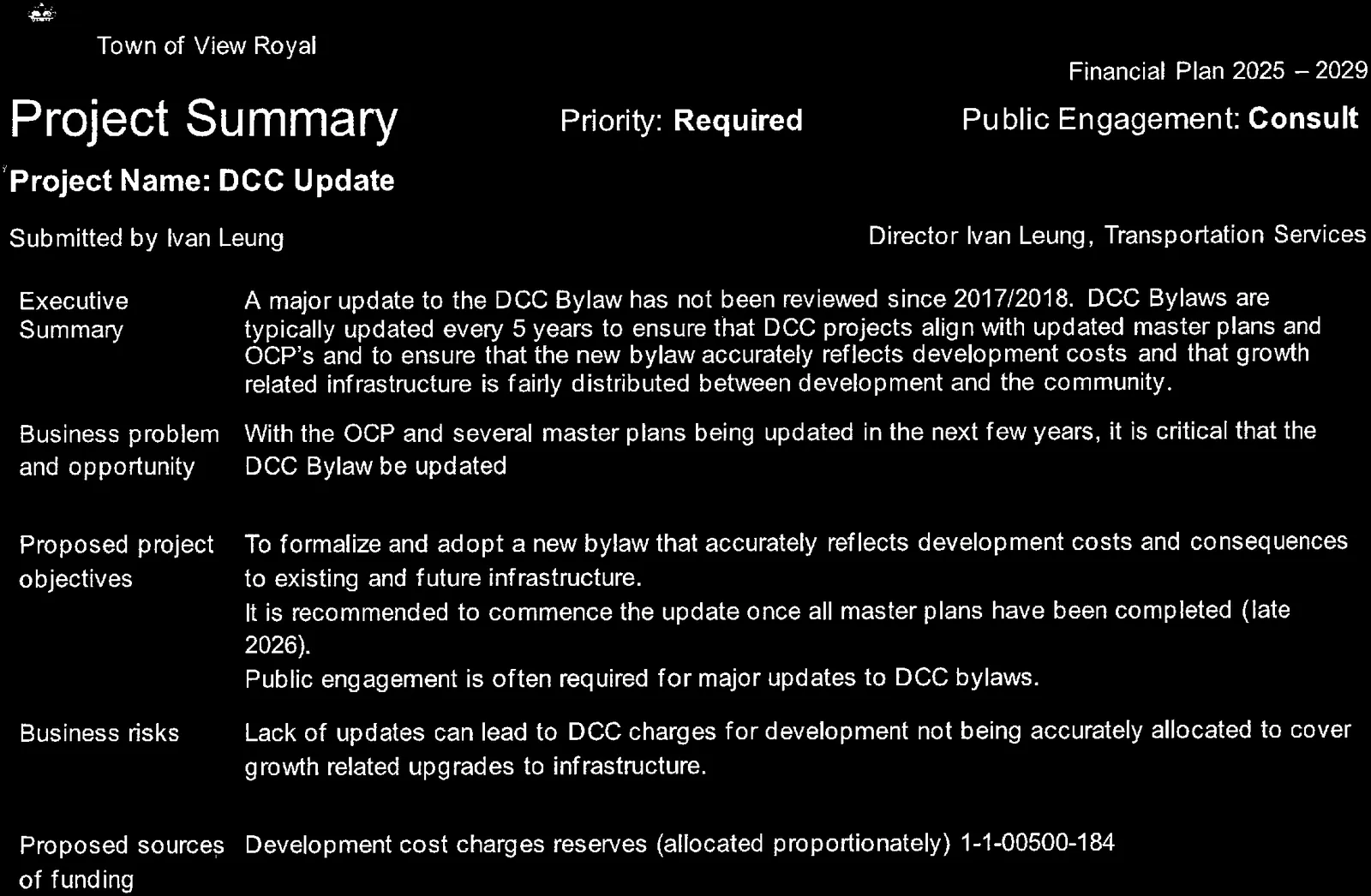 Detailed project information including executive summary, business problem, objectives, risks, and funding sources