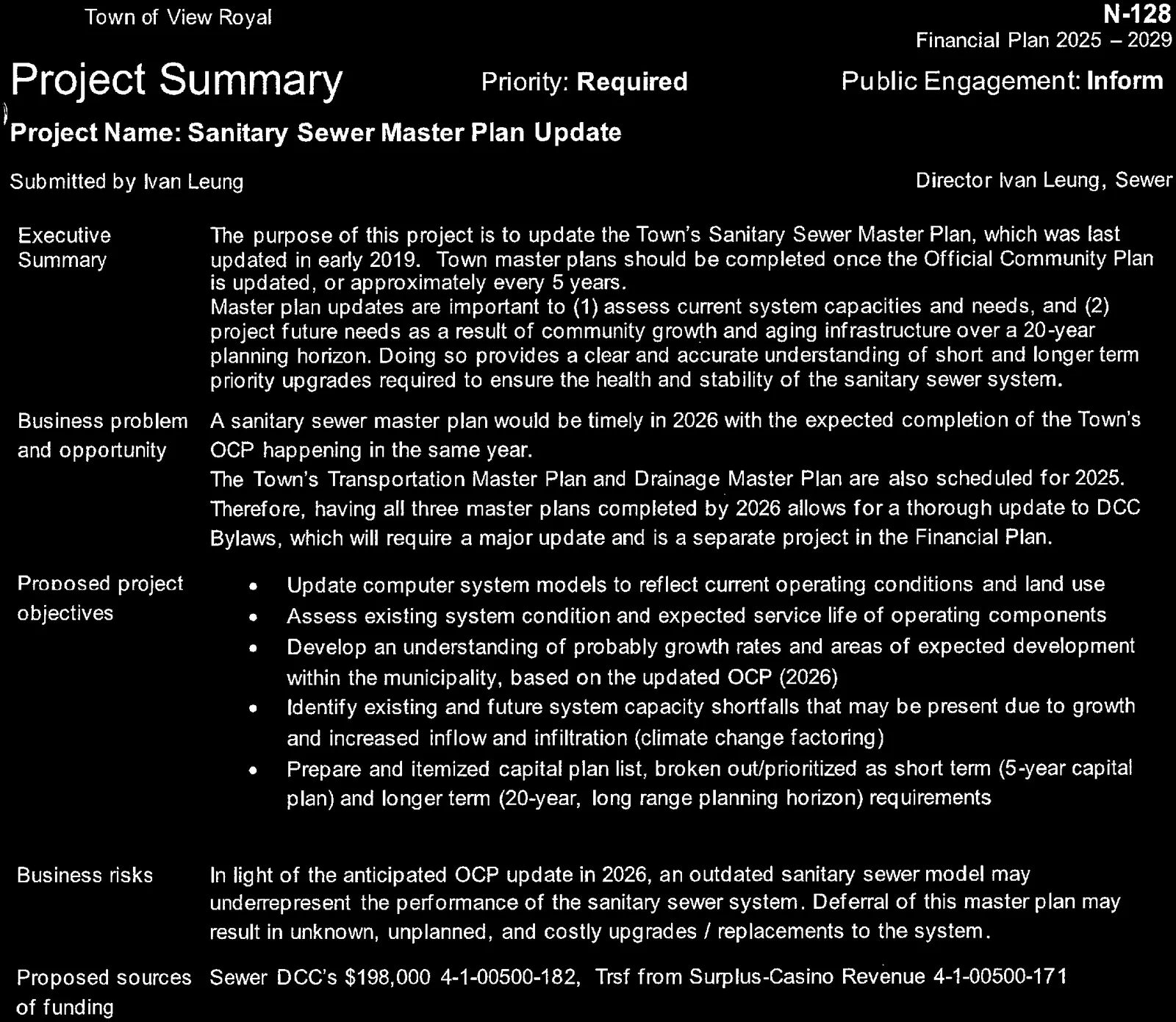 Summary of business problem, opportunity, objectives, and risks