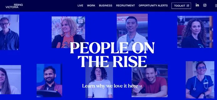 Profile feature collage titled "PEOPLE ON THE RISE" from the Rising Victoria website