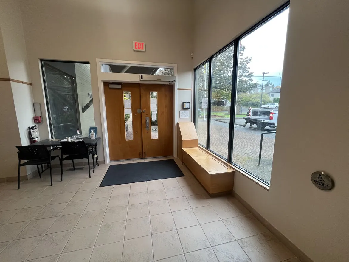 Town Hall front entrance showing the barrier-free entry and relocated push button