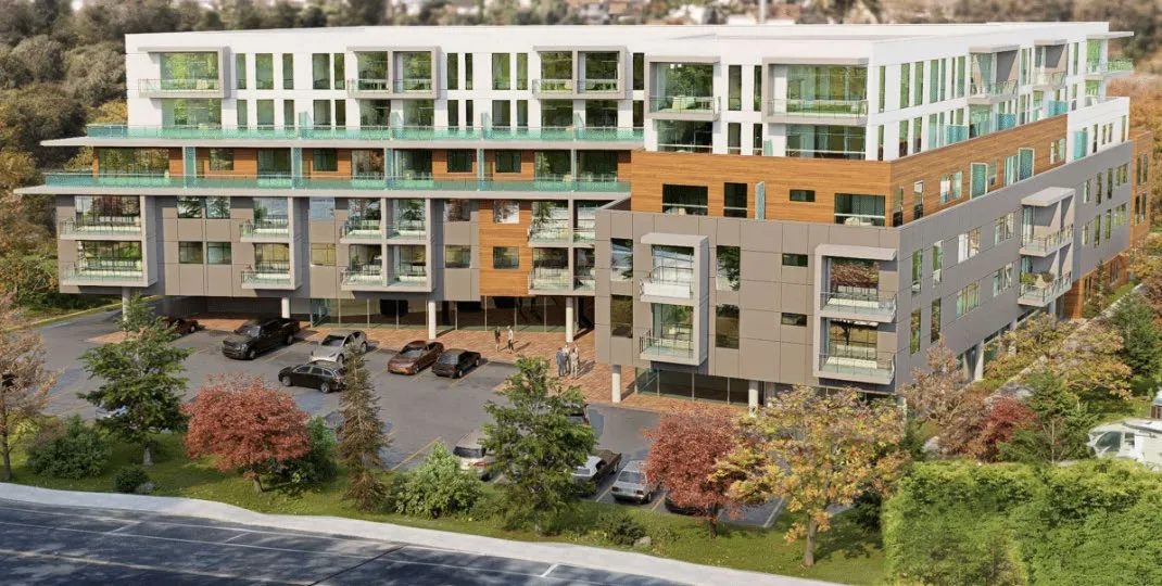Architectural rendering of the proposed 6-storey mixed-use building at 346 Island Hwy