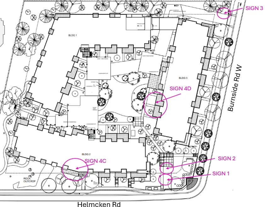 Site plan diagram showing locations of Sign 1, Sign 2, Sign 3, Sign 4C, and Sign 4D