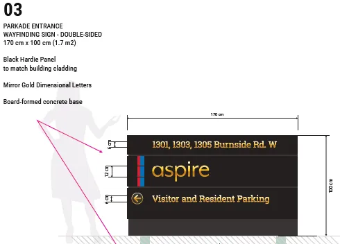 Technical drawing and reference photo for Sign 03, a parkade entrance wayfinding sign