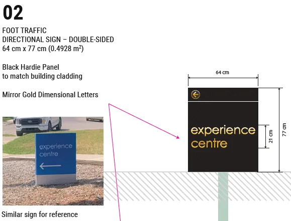 Technical drawing and reference photo for Sign 02, a foot traffic directional sign
