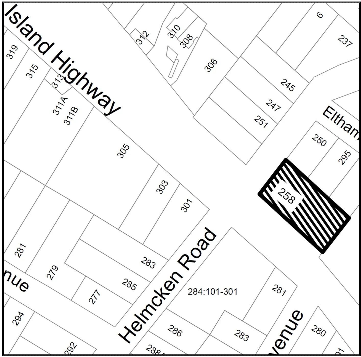 Location map showing property 258 highlighted at the intersection of Helmcken Road and Eltham Road, near Island Highway.