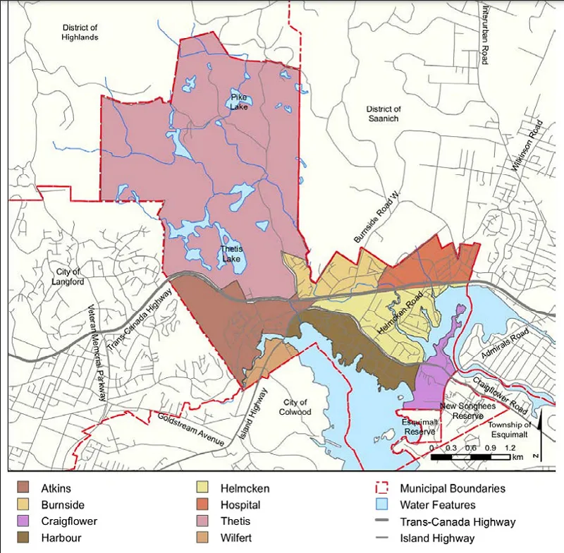 Map of View Royal showing various neighborhoods including Atkins, Burnside, Craigflower, Harbour, Helmcken, Hospital, Thetis, and Wilfert.