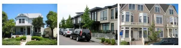 three photos showing a detached house and two variations of multi-unit townhouses