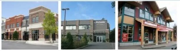 three photos showing various retail and technology-based commercial buildings