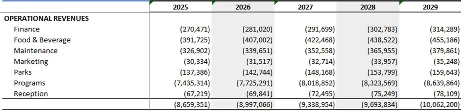 Table of Projected Operational Revenues 2025-2029