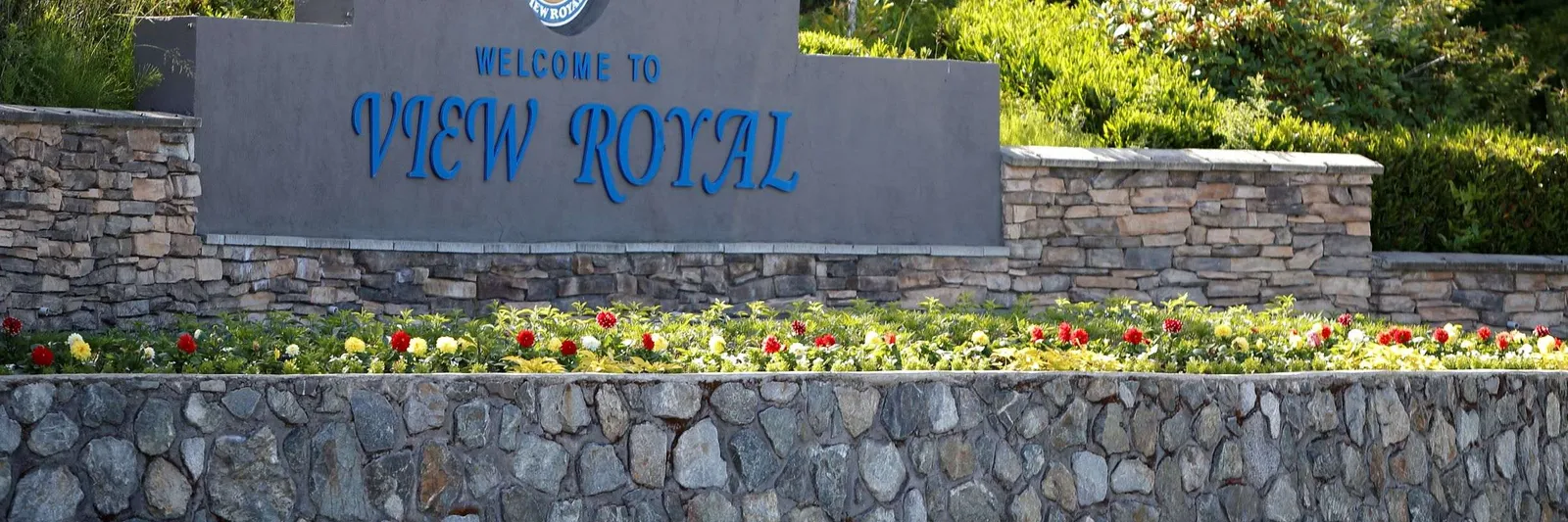 Bottom half of a photo featuring the "Welcome to View Royal" sign