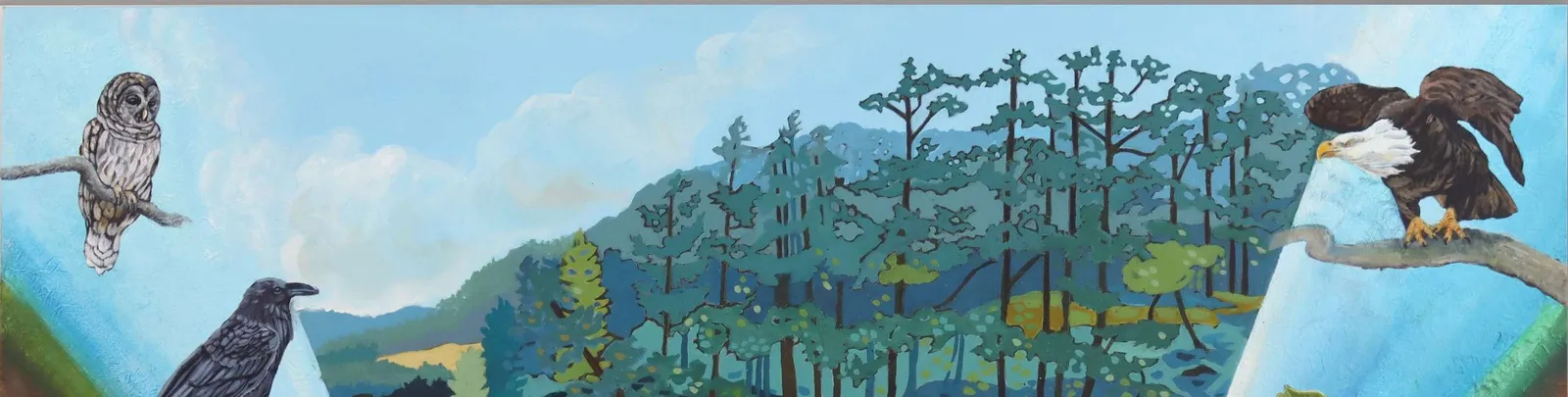Top portion of a mural illustration depicting local wildlife and scenery