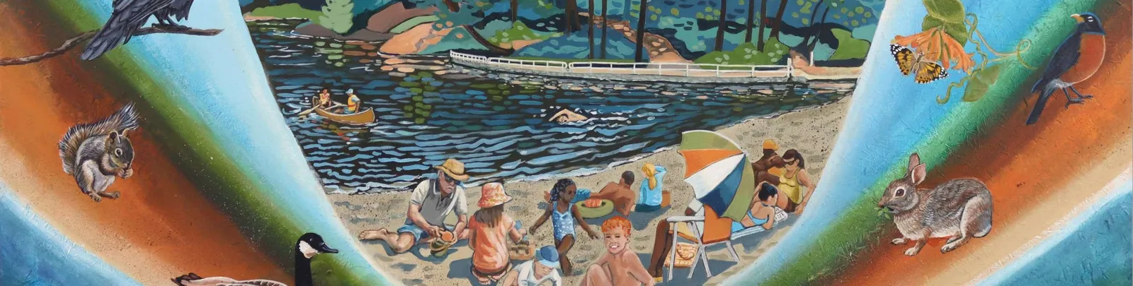 Bottom portion of a mural illustration depicting people and wildlife at a beach