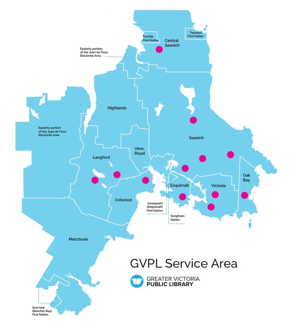 Map of the Greater Victoria Public Library service area showing participating municipalities and First Nations.