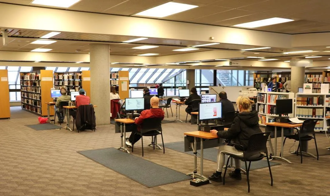 Photo of a senior patron browsing titles in the "Large Print & Audiobooks" section.