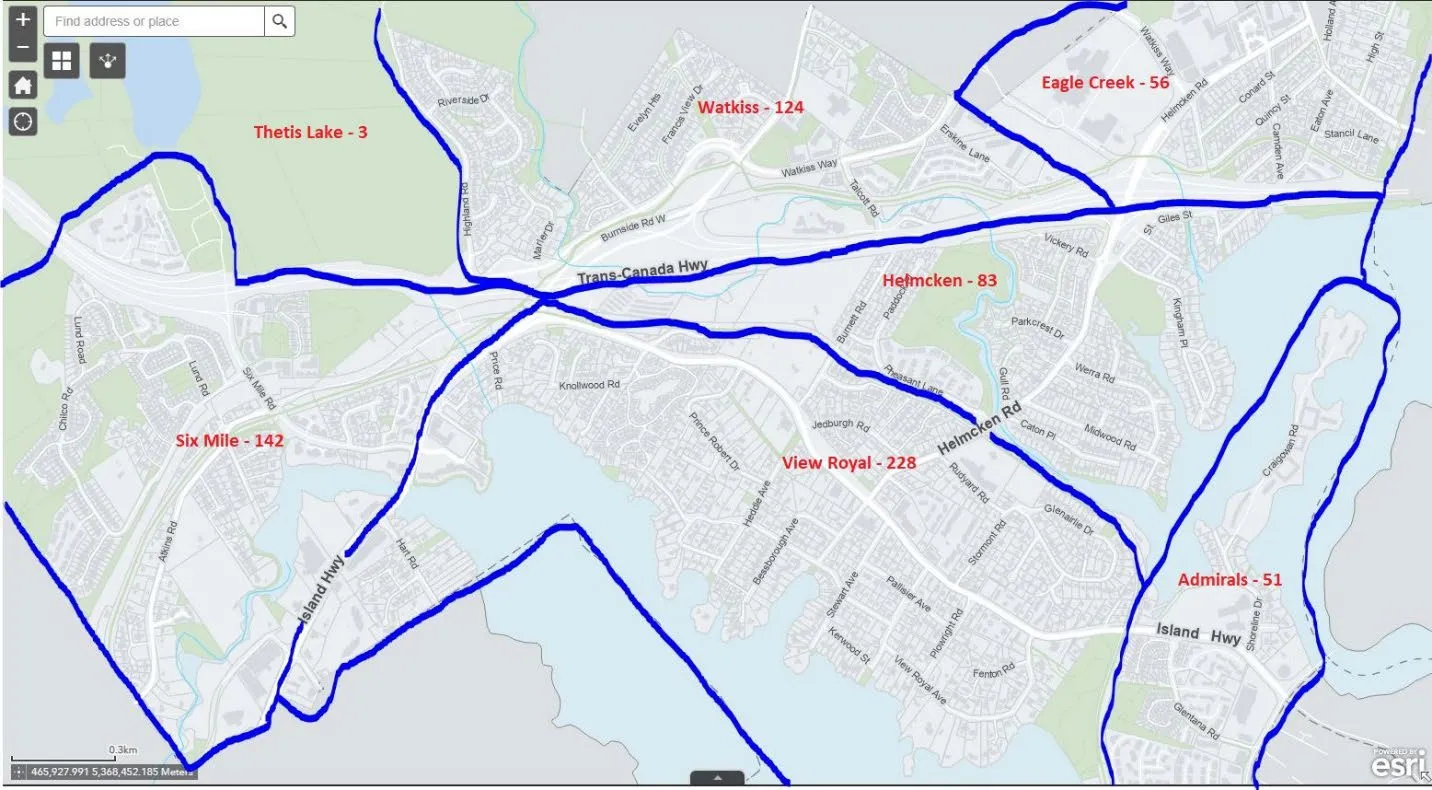 Map of bylaw zones and number of calls for service for 2024