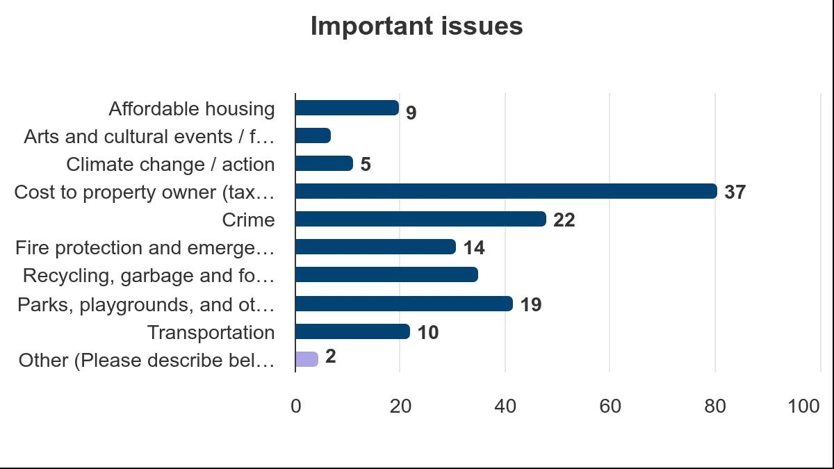 Bar chart showing the top issues for participants, with 'Cost to property owner (tax bill)' being the highest at 37 votes, followed by 'Crime' at 22