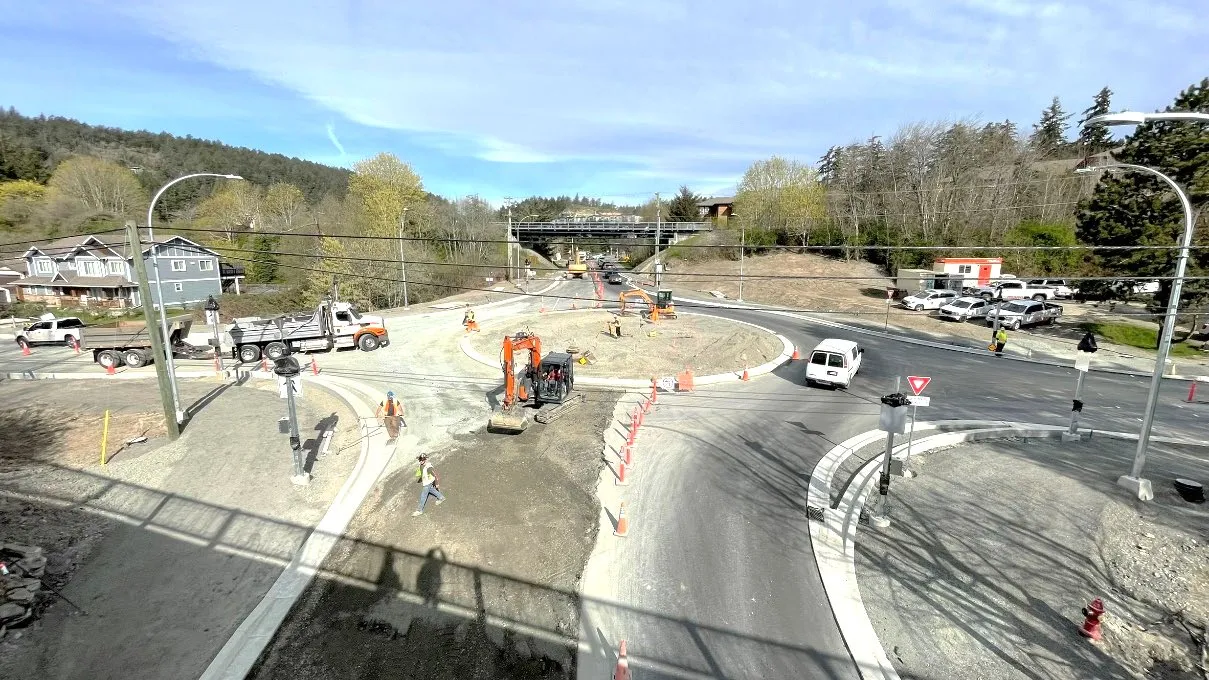 Construction progress of the new roundabout at Six Mile Road and Atkins Road as of April 2, 2024