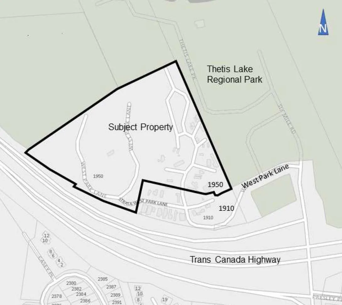 Location map showing subject property adjacent to Thetis Lake Regional Park and Trans Canada Highway