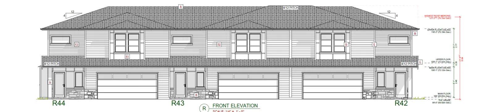 Front elevation architectural drawing for Block R units R42, R43, and R44